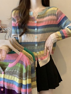 乐町大码女装镂空彩虹拼接色条纹长袖t恤春季设计感小众显瘦针织
