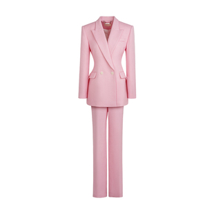 maggiema马婧设计师款粉色，双排扣修身西服外套气质时髦西装套装