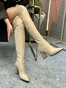 性感瘦腿8cm高跟棕色，过膝靴女秋季单靴后拉链尖头粗跟高筒长筒靴