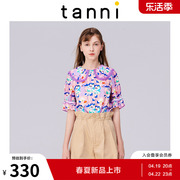 tanni夏季娃娃领短袖宽松气质印花设计感商场同款衬衫TK11SH052A