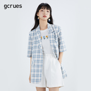 gcrues格子小西装外套，女薄款夏季开叉方领韩版，五分袖上衣宽松