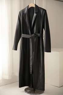 wmxz自制女装气质黑色，pu仿皮系带，中长款大衣外套风衣1255716