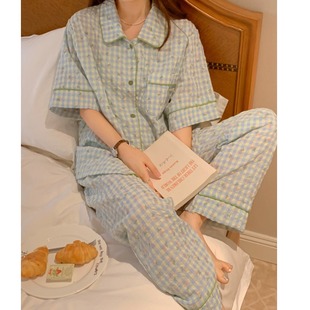 睡衣女夏季短袖长裤，韩版简约清新格子碎花，泡泡棉布家居服两件套装