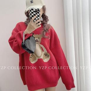 秋冬慵懒风外穿甜美宽松圆领套头中长款加厚毛衣针织衫外套女新款