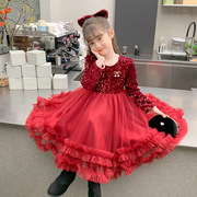 2023女童秋装连衣裙子洋气小女孩公主裙新年装红色年服中童tutu裙