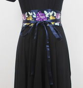 刺绣花朵腰封女装饰和服汉服连衣裙，日式名族风，黑色绒面宽腰带绑带