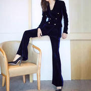 黑色秋冬金丝绒套装女职业装，高端女人味西装真丝，阔腿裤两件套