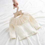 婴儿春秋装打底衫0-3岁女宝宝，长袖薄款t恤女童，洋气娃娃领圆领上衣