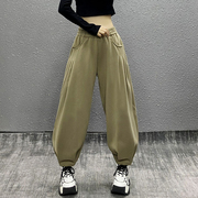 帅气侧边褶纹显瘦百搭宽松休闲裤女春新款高腰直筒束脚运动哈伦裤