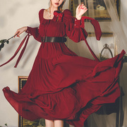弥爱原创《凡尔赛玫瑰》法式复古红色浪漫荷叶边大摆连衣裙系带秋