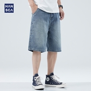 hansca夏季5分牛仔短裤男士，青少年薄款潮牌宽松休闲直筒阔腿中裤