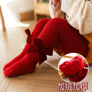 儿童加绒打底裤红色绒布蝴蝶结宝宝连裤袜新年婴儿加厚袜子秋冬季