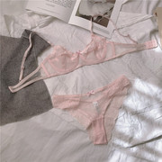 法式性感内衣女纯欲半杯透明文胸套装薄欧美蕾丝粉色内裤超薄乳罩