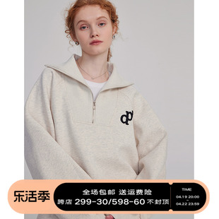 designerplus大翻领短款卫，衣女套头拉链小个子oversize宽松上衣