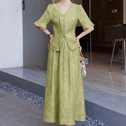 中年女性新中式半身裙套装夏成熟女装减龄绿色显瘦汉服上衣配长裙