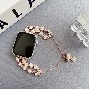 水晶珍珠链适用AppleWatchS9/S8代表带iwatch7苹果手表se2/65不锈钢表带高级感腕带女生小珍珠水钻手链41mm45
