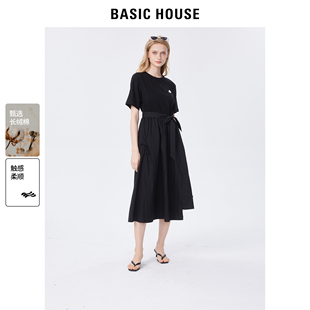basichouse百家好黑色连衣裙，女2024夏季不规则裙子设计感