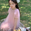 女童网纱公主裙2024夏装短袖，洋气连衣裙中大儿童粉色礼服长裙