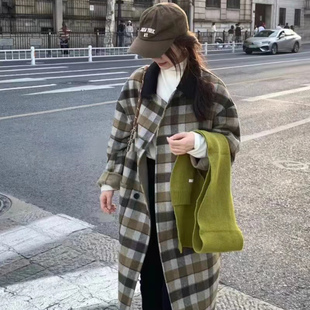 格子双面羊绒大衣女长款春装，韩版宽松显瘦双排扣羊毛呢外套