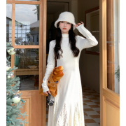 高级感白色长袖针织连衣裙女秋冬季小个子显瘦内搭打底长裙子