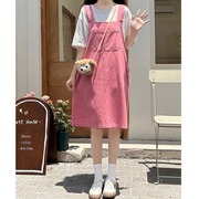粉色背带裙女夏季小个子韩版宽松学院风甜美减龄中长款连衣裙