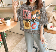 兔美善韩国女装24春新 卡通米奇字母印花豹纹短袖T恤