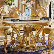 欧式大理石餐桌香槟金色圆桌全实木家用饭桌酒店火锅餐桌椅带转盘