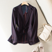 日单 羊毛呢紫红色格子优雅复古风通勤西服 西装半裙套装