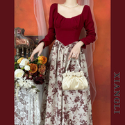 巷里法式复古红色连衣裙，秋季宫廷玫瑰拼接显瘦气质敬酒礼服大摆裙
