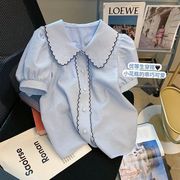 蓝色娃娃领花边衬衫女夏2023小个子温柔法式甜美减龄短袖上衣
