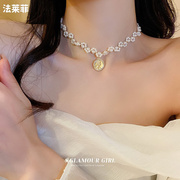 电镀锆石人像圆牌设计法式优雅珍珠项链女小众设计高级感气质颈链