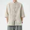中国风男装亚麻衬衫中式唐装，棉麻男士七分袖衬衣夏季复古立领上衣