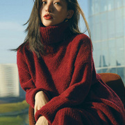 法式加厚高领毛衣打底长裙，红色针织连衣裙，秋冬内搭宽松时尚暖和