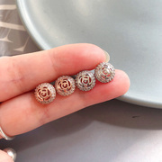 韩国925银镶钻玫瑰花圆形小耳钉 精致玫瑰金银色高品质气质耳环