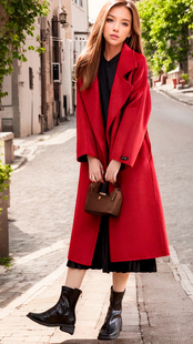 红色西装领单排扣双面羊毛大衣女，秋冬中长款宽松显瘦黑色毛呢外套