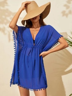 夏季v领宝蓝色度假沙滩性感，罩衫波西米亚短袖连衣裙防晒衫女