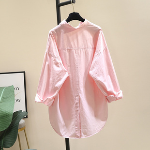 设计感后开叉中长款粉色，衬衫女2024春季韩版宽松休闲衬衣上衣