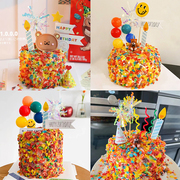 五彩果味麦圈麦片蛋糕装饰笑脸，小熊生日蜡烛，彩色水果甜品台插件
