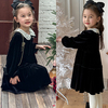 名媛蕾丝娃娃领儿童绒面泡泡袖公主裙2024年春童装黑色女童连衣裙