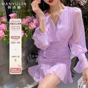韩语琳年初秋高腰法式气质女装紫色荷叶边喇叭袖连衣裙子