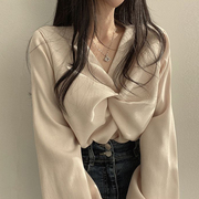 韩国chic春季法式气质褶皱，v领扭结设计宽松休闲纯色长袖衬衫上衣