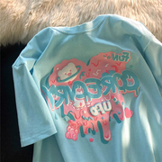 湖蓝色短袖t恤女夏日系，设计感半袖vintage宽松oversize体恤上衣潮