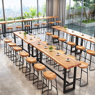 北欧实木吧台桌奶茶店咖啡厅，长条铁艺餐桌便利店，餐厅高脚桌椅组合
