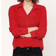 春秋雪纺长袖衬衫女韩范百搭显瘦设计感OL气质大红色衬衣上衣