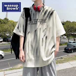 WASSUP夏季短袖国潮复古设计手绘字母套头衫宽松涂鸦粗粝感T恤男