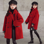 2021冬装女童新年圣诞大衣加厚羊羔绒韩版中长款加绒红色毛呢外套
