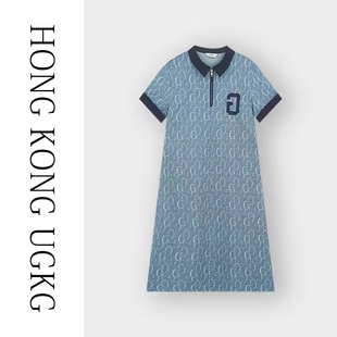 香港ug&kg蓝色，拼接撞色中长款立领，气质欣欣向荣连衣裙-73231sl013