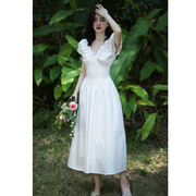 2024夏季茶歇法式v领收腰，连衣裙白色设计感别致大摆气质裙子