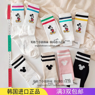 韩国东大门两条杠条纹米老鼠中筒袜，运动女长袜米奇动漫欧美粉色潮