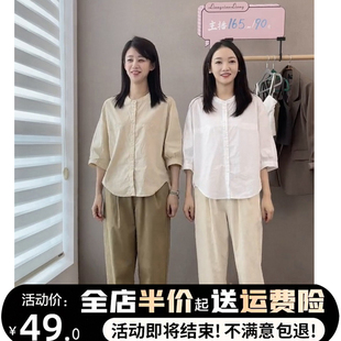 小个子圆领中袖衬衫女韩版夏季个性宽松显瘦简约百搭纯色衬衣